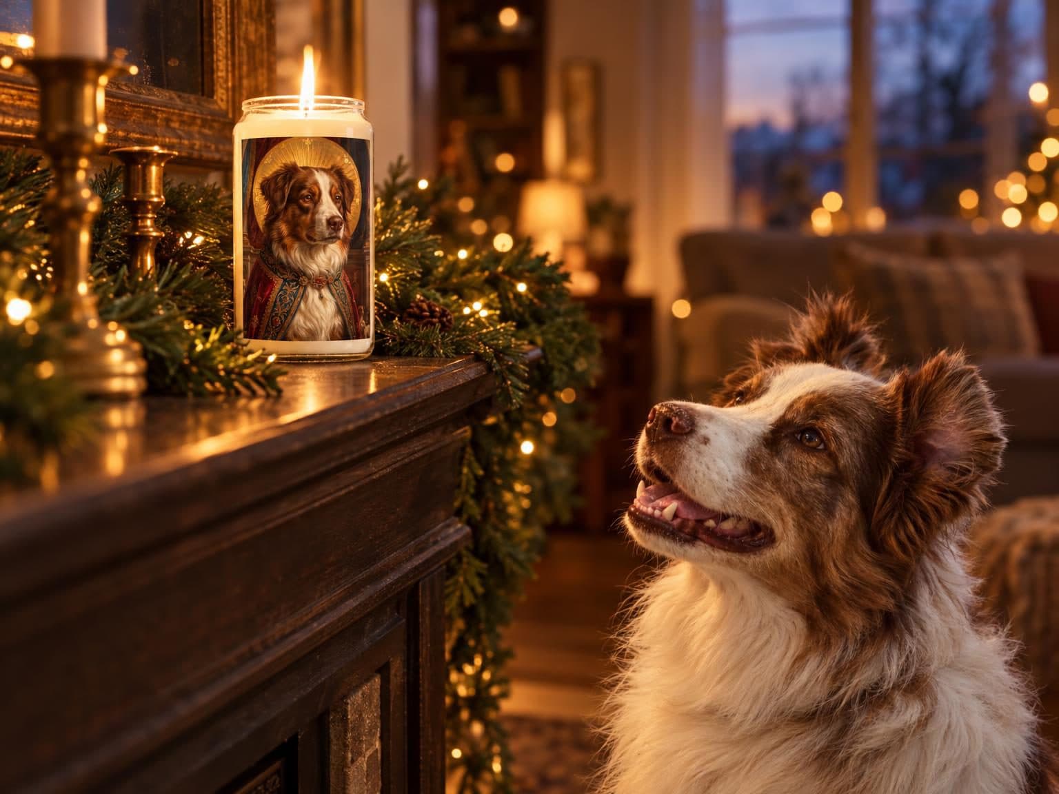 A lit prayer candle with a dog’s saint portrait on a Christmas mantel, the dog beside it